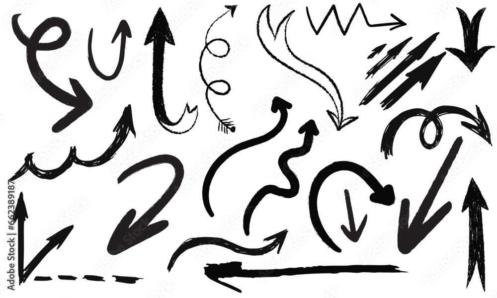 Charcoal arrows vector icons set. Hand drawn freehand different curved lines, swirls arrows. Doodle marker drawing, black chalk smears. Direction pointers. Scribbles and scrawls. Charcoal arrows vector icons set. Hand drawn freehand different curved lines, swirls arrows. Doodle marker drawing, black chalk smears. Direction pointers. Scribbles and scrawls.