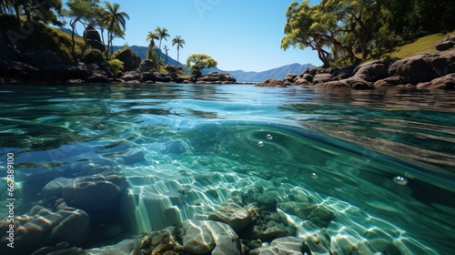 Crystal clear inspiration, clear river, underwater-terrestrial world. Rocky shore. A heavenly place. © DreamPointArt