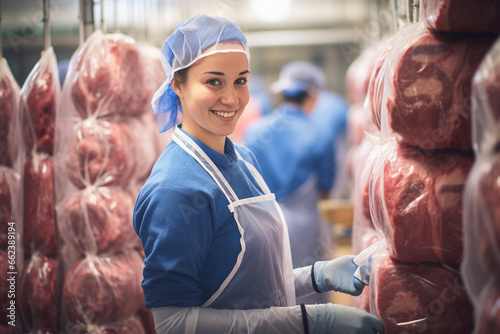 Amidst hanging meat carcasses, a woman donned in protective gear and a smile oversees the final inspection before the meat products are packaged for shipment. 