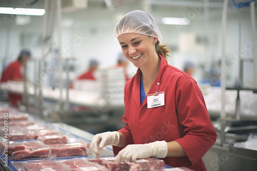 Within the quality control area, a woman examines meat samples with a smile, conducting sensory evaluations to ensure the finest products from the meat processing plant. 