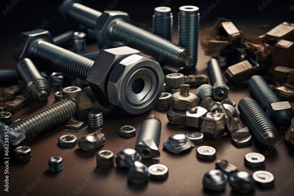 A collection of various nuts and bolts neatly arranged on a table. This image can be used to depict hardware, construction, engineering, or DIY projects A collection of various nuts and bolts neatly arranged on a table. This image can be used to depict hardware, construction, engineering, or DIY projects