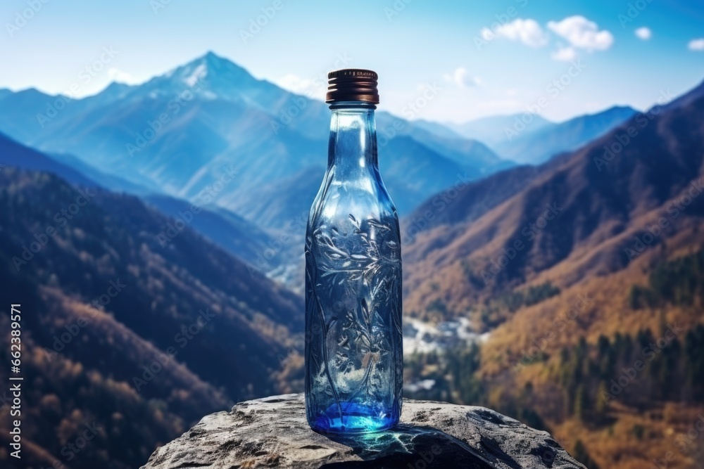 A bottle of water is placed on top of a rock. This image can be used to depict hydration, nature, outdoor activities, or environmental conservation A bottle of water is placed on top of a rock. This image can be used to depict hydration, nature, outdoor activities, or environmental conservation