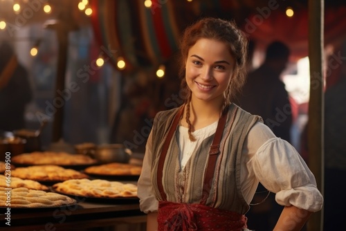 A woman is pictured standing in front of a table filled with various delicious pies. This image can be used to showcase homemade pies, bake sales, dessert menus, or Thanksgiving celebrations © Fotograf