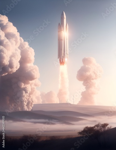 Landscape with a rocket taking off. The spaceship flies over the earth. Background for design projects. Generative AI.