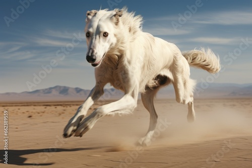 A white dog is seen running across a vast desert field. 