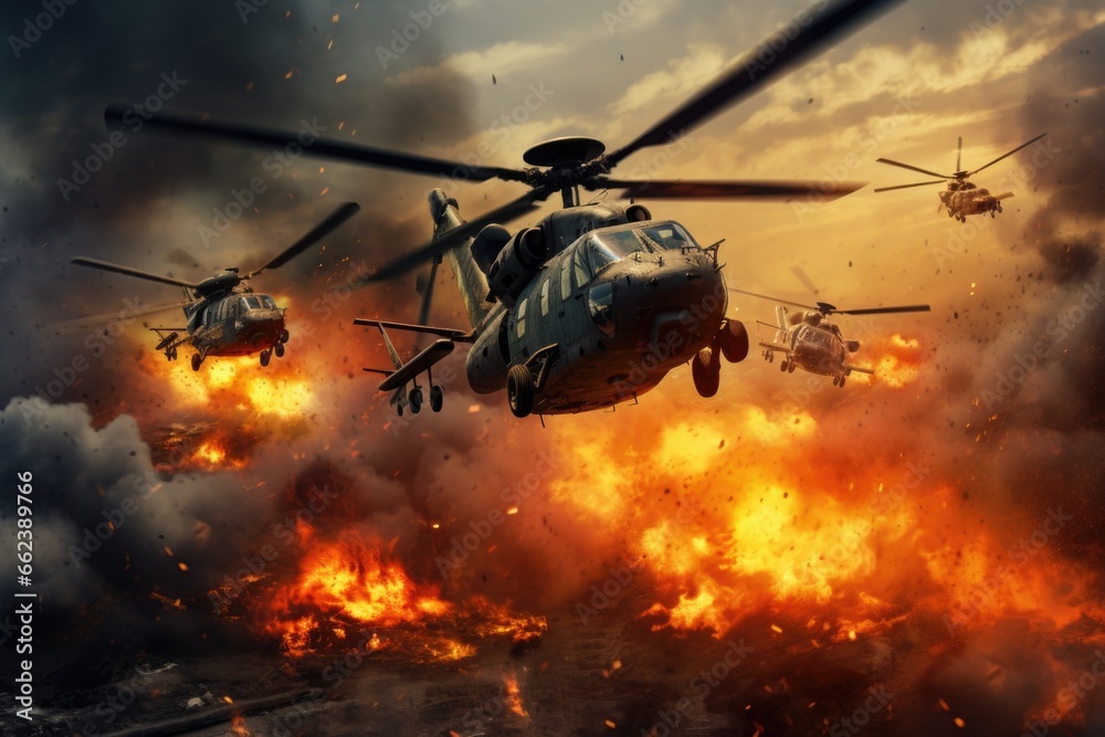 A group of helicopters can be seen flying over a field engulfed in flames. This image can be used to depict emergency response, wildfires, disaster management, or aerial firefighting A group of helicopters can be seen flying over a field engulfed in flames. This image can be used to depict emergency response, wildfires, disaster management, or aerial firefighting
