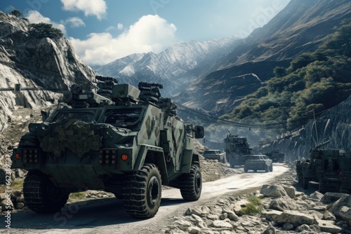 A group of military vehicles driving down a scenic mountain road. This image can be used to depict military operations, training exercises, or transportation in rugged terrains