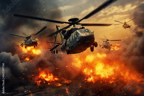 A group of helicopters can be seen flying over a field engulfed in flames. This image can be used to depict emergency response, wildfires, disaster management, or aerial firefighting