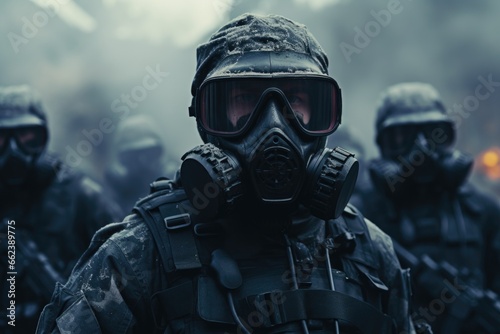 A group of soldiers wearing gas masks. Suitable for military, warfare, protection, and safety concepts