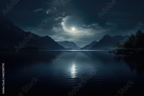 A stunning image capturing the beauty of a full moon shining over a serene lake. Perfect for nature enthusiasts and those looking for a peaceful backdrop. photo