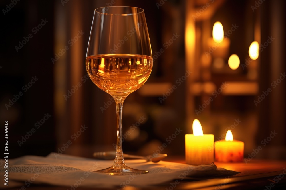 A glass of wine sits on top of a table next to a lit candle. This image can be used to create a cozy and romantic atmosphere A glass of wine sits on top of a table next to a lit candle. This image can be used to create a cozy and romantic atmosphere