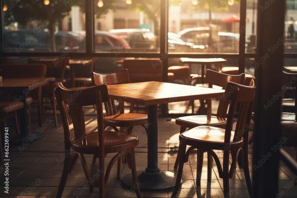 A picture of a table and chairs placed in front of a window. This image can be used to depict a cozy dining area or a picturesque view from a cafe or restaurant