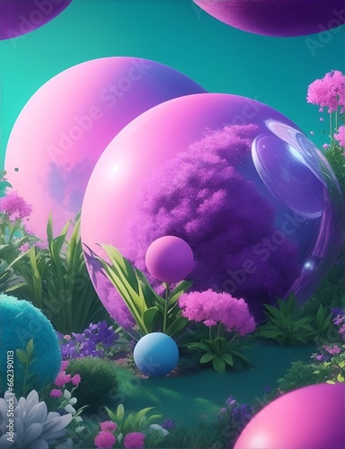 Fantastic landscape. A surreal story of balloons and acid flowers. Background for design projects. Generative AI.