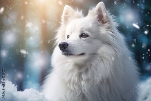 A white dog standing in the snow. Perfect for winter-themed designs and pet-related projects © Fotograf