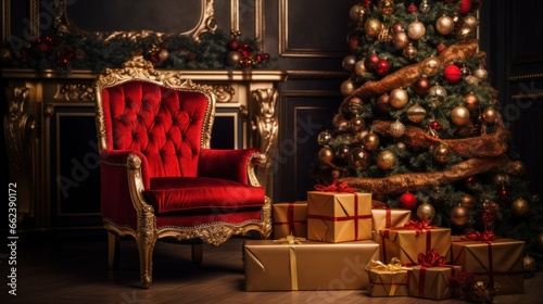 Velvet red armchair against on background of a decorated Christmas tree. Beautiful Christmas tree with gifts near red chair. Beautiful Room  studio decorated for Christmas