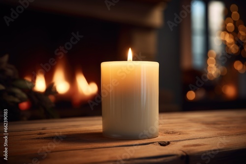 A lit candle sitting on top of a wooden table. Perfect for creating a cozy and warm atmosphere. Ideal for home decor, relaxation, and meditation-themed projects