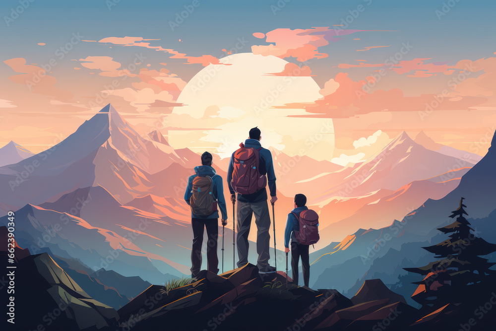 A family of travelers standing on top of a mountain , goal achieved, active tourism and mountain travel, illustration
