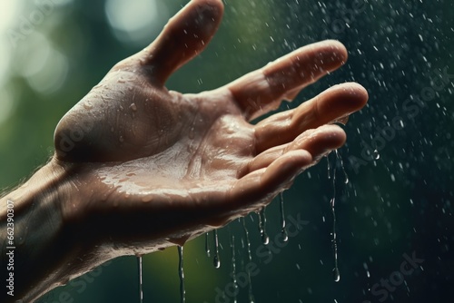 A person holding out their hand in the rain. This image can be used to depict hope  help  or a metaphor for seeking assistance in difficult times.