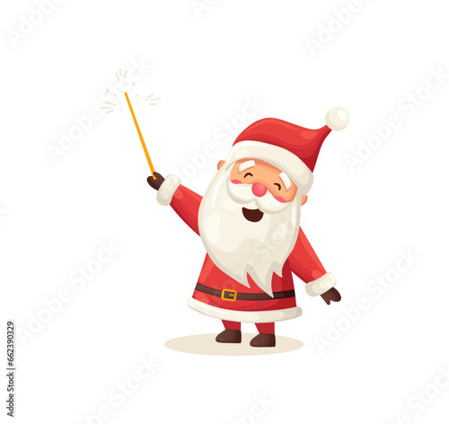 Funny cute Santa Claus character with magic wand isolated on white background. Christmas holiday vector illustration in flat cartoon style