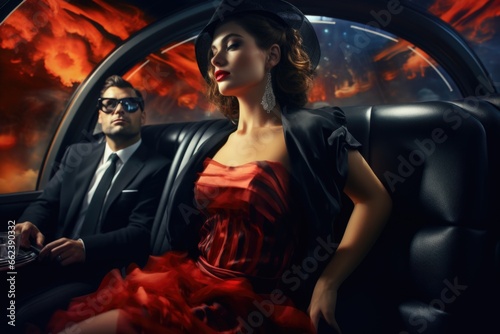 A woman wearing a red dress is seated inside a car. This image can be used to depict elegance, fashion, transportation, or a stylish lifestyle.