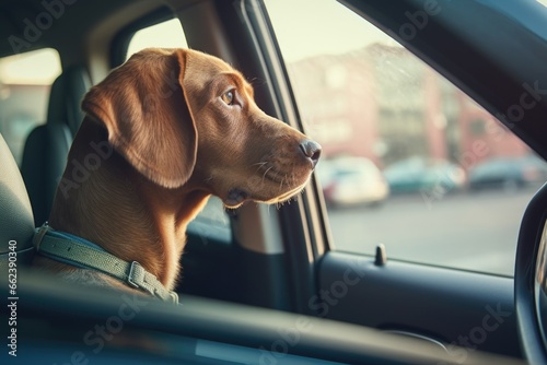 A brown dog sits in the passenger seat of a car. This image can be used to depict a pet on a road trip or as a representation of a loyal companion on a journey.