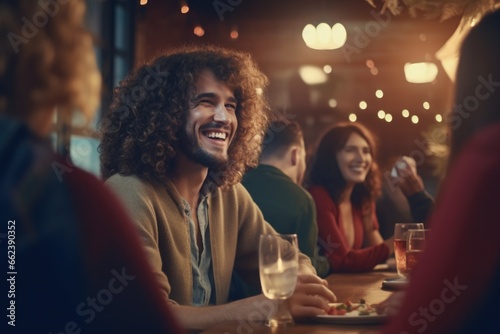 A man is seen sitting at a table, holding a glass of wine. This image can be used to depict relaxation, leisure, or a sophisticated social setting.