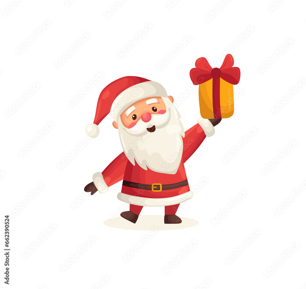 Funny cute Santa Claus character holding gift isolated on white background. Christmas holiday vector illustration in flat cartoon style Funny cute Santa Claus character holding gift isolated on white background. Christmas holiday vector illustration in flat cartoon style
