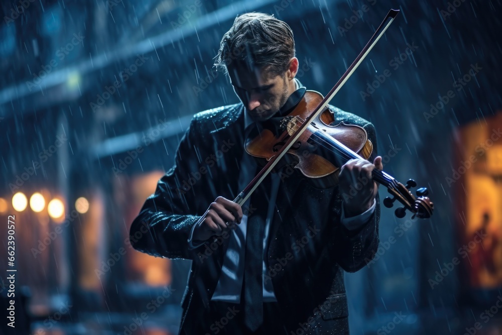 A man playing a violin in the rain. This image can be used to depict the passion and dedication of a musician or to create a melancholic and romantic atmosphere in various artistic projects.