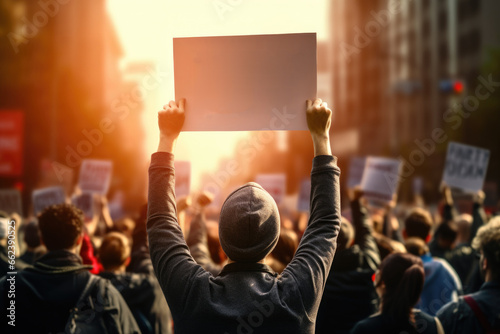 A man stands in the middle of a crowd, holding up a sign. This image can be used to represent protest, activism, or making a statement in a public setting.