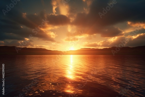A beautiful sunset scene with the sun setting over a calm body of water. Perfect for adding a serene and tranquil touch to any project.