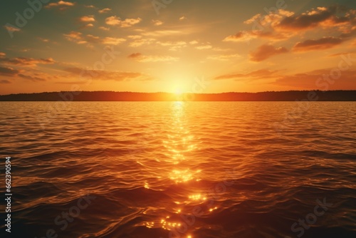 A beautiful sunset over a calm body of water. Perfect for capturing the serene beauty of nature.