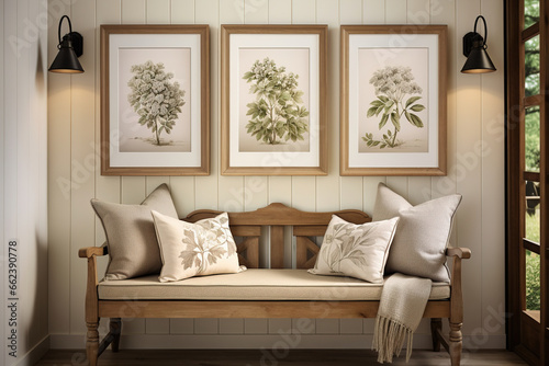 Living room gallery wall, home decor with vintage wall art framed botanical prints, and a rustic wooden bench with floral seat cushions