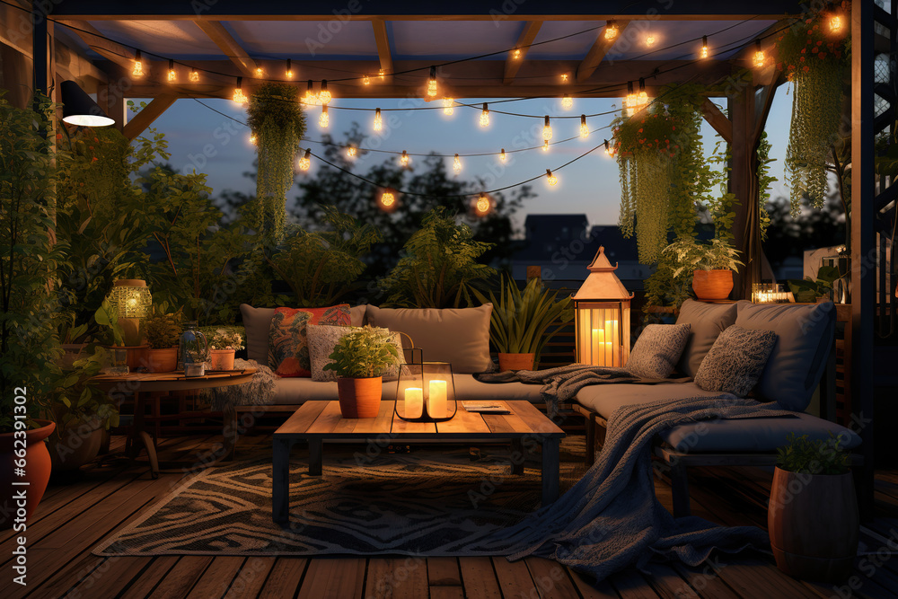  A bohemian outdoor patio with a mix of colorful floor cushions, lanterns, string lights, cozy furniture, and soft ambient lighting.