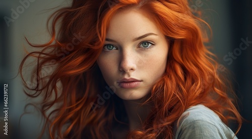 portrait of beautiful redhead young woman with stylish and shiny red hair, studio shot
