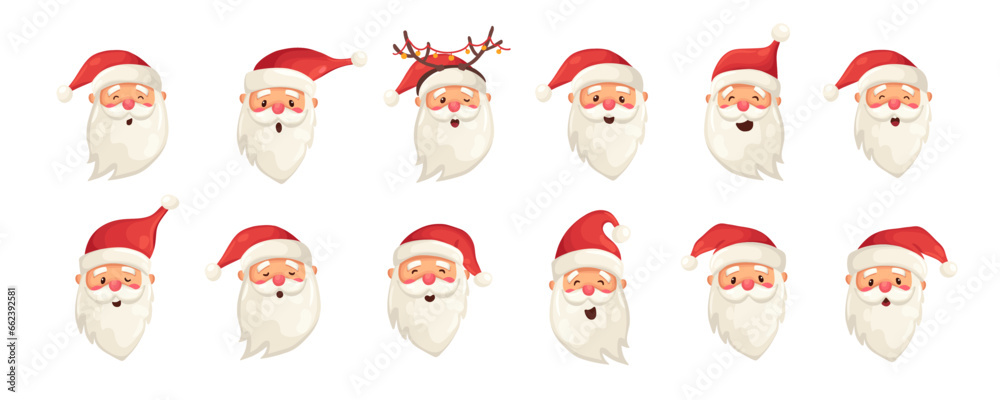 Set of funny cute Santa Claus face characters with different emotions isolated on white background. Christmas holiday vector illustration in flat cartoon style Set of funny cute Santa Claus face characters with different emotions isolated on white background. Christmas holiday vector illustration in flat cartoon style