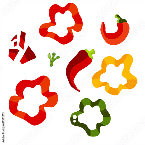 Pepper. Ingredients for pizza. Red pepper, bitter sliced. Capsicum. Vector drawing. Doodle for salad, Pizzeria and cafe. Pepper slices.