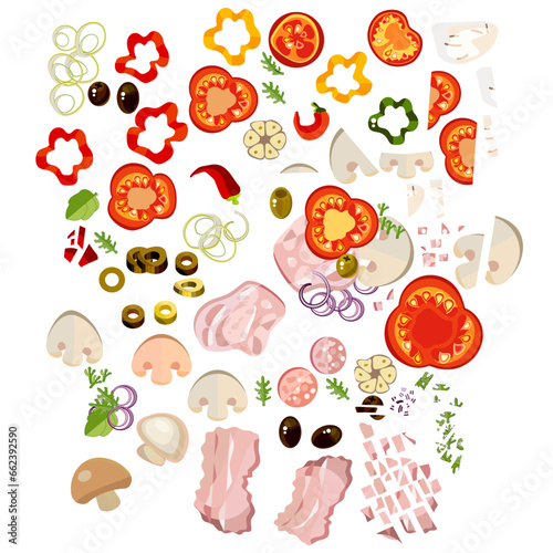 Pizza. Ingredients for pizza. Vegetables, herbs, mushrooms and sausage for baking pizza. Sweet and bitter pepper sliced for different pizzas. Vector collection. Tomato and cheese. A set for a Pizzeria