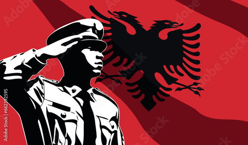 Silhouette of soldier with Albania flag on background.