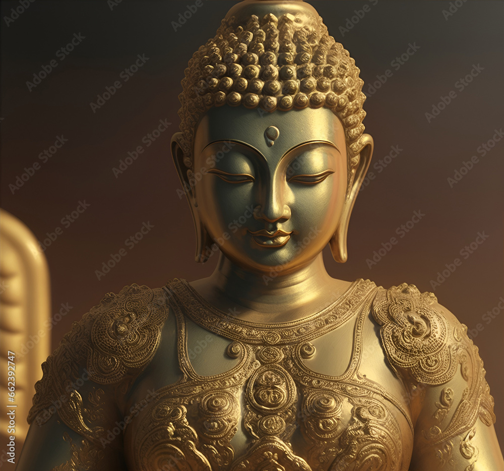 Statue of God Buddha. Decorative digital painting. Color illustration for background. Picturesque portrait for the interior. Wall mural, poster or picture for home. Generative AI.