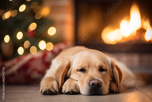 Hund liegt an Weihnachten vor dem Kamin und ruht sich aus