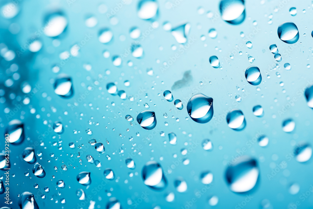 Water drops on blue glass background. Water drops on glass surface.