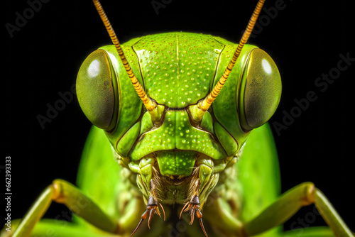 Close up of green grasshopper isolated on black background. Macro © mila103