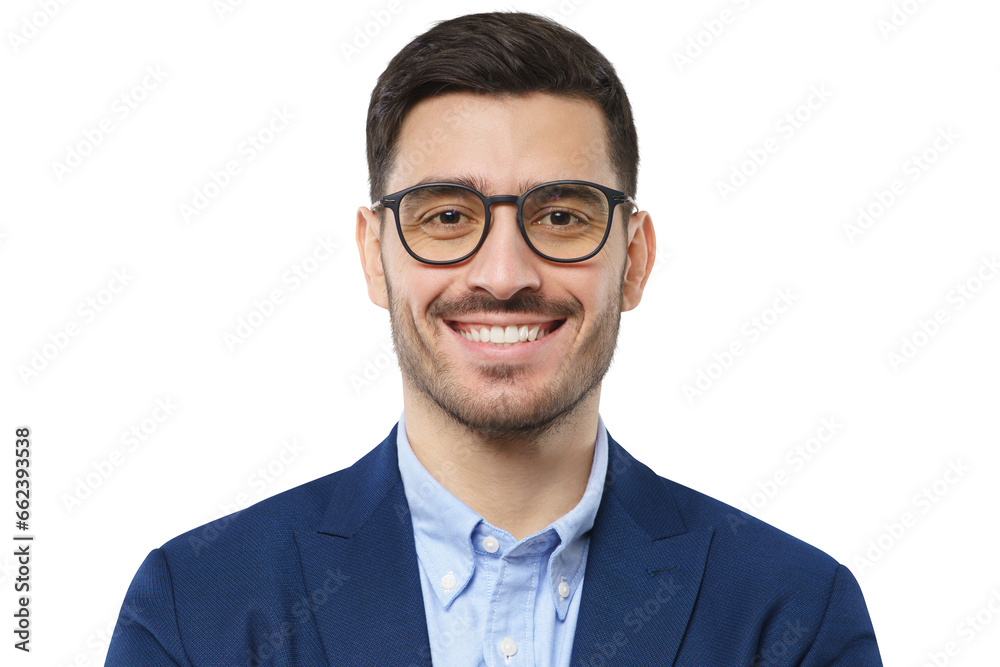 Close-up portrait of confident young businessman wearing blue suit and smart casual shirt, smiling at camera Close-up portrait of confident young businessman wearing blue suit and smart casual shirt, smiling at camera