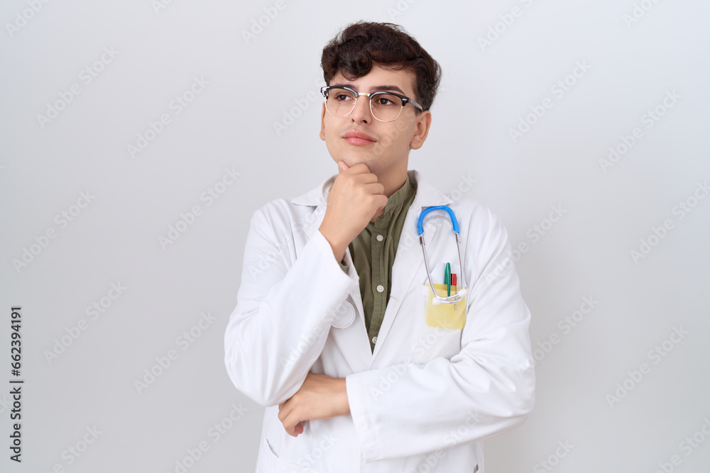 Young non binary man wearing doctor uniform and stethoscope looking confident at the camera with smile with crossed arms and hand raised on chin. thinking positive. Young non binary man wearing doctor uniform and stethoscope looking confident at the camera with smile with crossed arms and hand raised on chin. thinking positive.