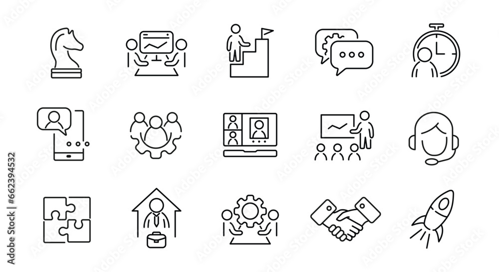 Teamwork icons set. Business management simple icons. 15 management icons isolated on white background. Vector illustration