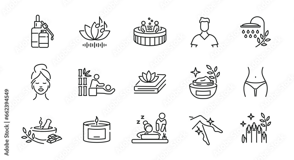 Fototapeta premium Spa simple line icons. 15 Spa and Beauty icons isolated on white background. Massage, Pool, Manicure icons. Vector illustration