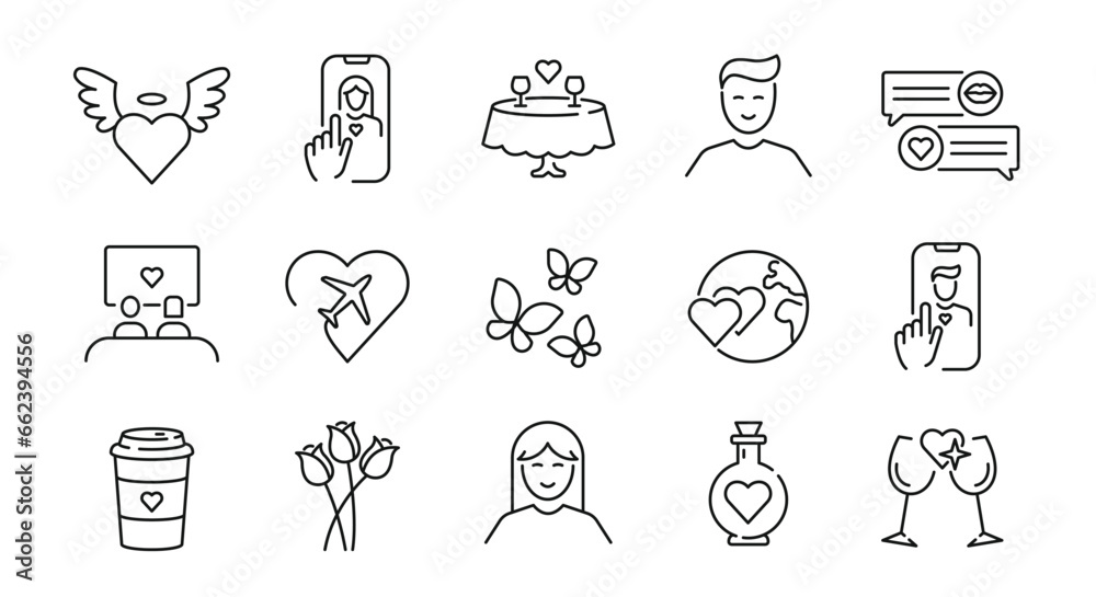 Love and Dating icons set. Love simple icons. 15 Romance icons isolated on white background. Valnetines day, Online dating, Dating icons. Vector illustration