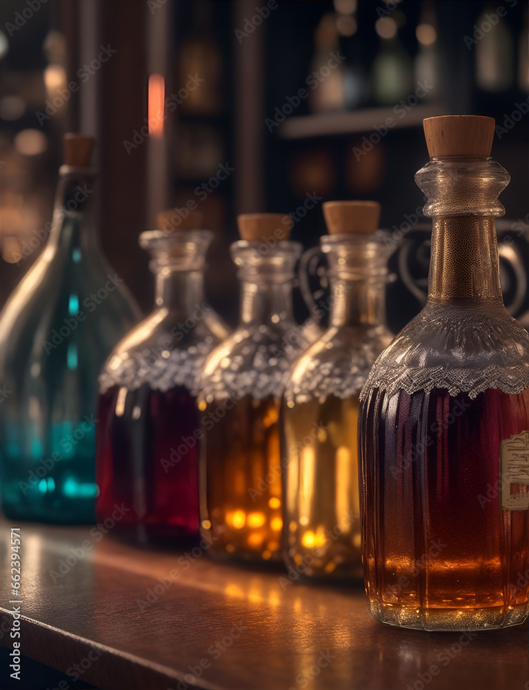 Bottles with alcoholic and non-alcoholic drinks in a cafe or restaurant. Color illustration for design projects. Photo wallpaper, poster, illustration for the catalog. Generative AI. Bottles with alcoholic and non-alcoholic drinks in a cafe or restaurant. Color illustration for design projects. Photo wallpaper, poster, illustration for the catalog. Generative AI.