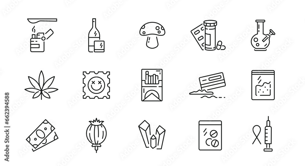 Drugs icons set. Drugs and addictions simple icons. 15 Drug icons isolated on white background. Marijuana, Mushroom, LSD, Extasy, Alcohol icons. Vector illustration Drugs icons set. Drugs and addictions simple icons. 15 Drug icons isolated on white background. Marijuana, Mushroom, LSD, Extasy, Alcohol icons. Vector illustration