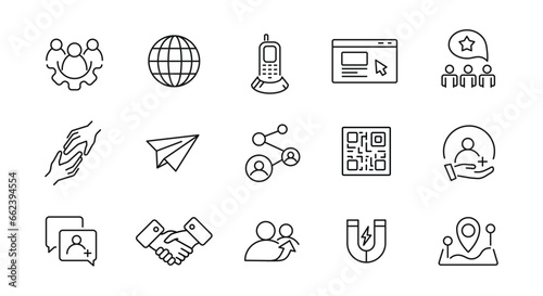 Marketing simple line icons. 15 Referral icons isolated on white background.  Handshake, Message, Invite icons. Vector illustration